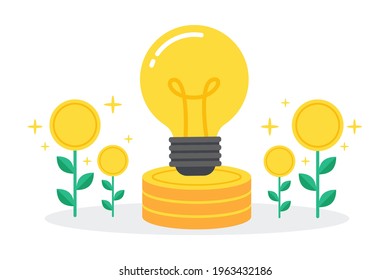 Glowing light bulb on the pile of coins with money trees. Creative concept of making money from business idea. Simple trendy cute vector illustration. Modern flat style. Abstract graphic design.