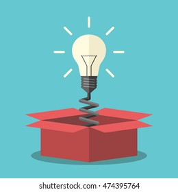 Glowing light bulb on spring appearing from red box. Creativity, innovation and aha moment concept. Flat design. EPS 8 vector illustration, no transparency