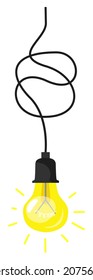 glowing light bulb on tangled wire. Cartoon electric lightbulb, bright lamp, vector illustration isolated on white background