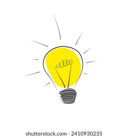 Una bombilla brillante sobre un fondo blanco en un estilo de caricatura. El concepto de la idea. Ilustración vectorial.