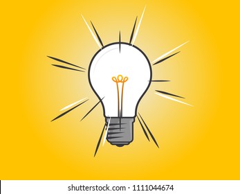 Glowing light bulb on yellow background. Icon concept of invention, study, imagination and creativity. Design element for business startup, technology, science. 