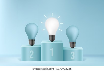 Glowing light bulb podium on minimal scene, Sustainable energy efficient concept, business idea competition