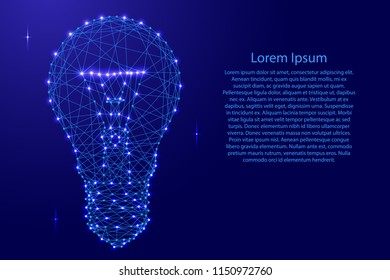 Glowing light bulb from polygonal blue lines and glowing stars for banner, poster, greeting card. Vector illustration.