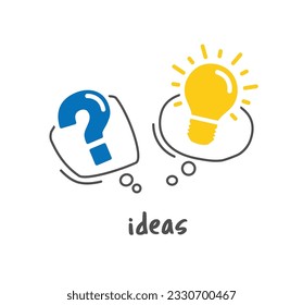 Glühbirne und Fragezeichen auf weißem Hintergrund. Konzeption von Ideen oder Erkenntnissen. Vektorgrafik. Color Doodle-Stil.
