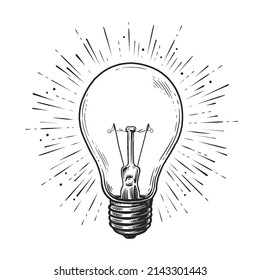 Glowing light bulb with rays. Lamp sketch vintage vector illustration