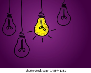 Glowing light bulb scribble hand drawn vector illustration isolated on ultra violet. Idea sign, solution, thinking concept. Lamp line icon. Lighting electric bulb with socket, electricity shine