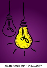 Glowing light bulb scribble line icon vector, isolated on purple background. Idea sign, solution, thinking concept. Lamp line icon. Lighting electric bulb with socket, electricity, shine lamp