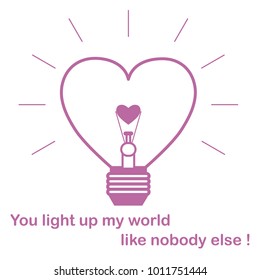 Glowing light bulb in the shape of a heart and the inscription. Design for banner, poster or print. Greeting card Valentine's Day.