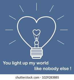 Glowing light bulb in the shape of a heart and the inscription. Design for banner, poster or print. Greeting card Valentine's Day.