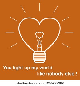 Glowing light bulb in the shape of a heart and the inscription. Design for banner, poster or print. Greeting card Valentine's Day.