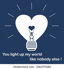 Glowing light bulb in the shape of a heart and the inscription. Design for banner, poster or print. Greeting card Valentine's Day.