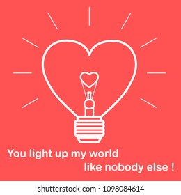 Glühbirne in Herzform und Inschrift. Design für Banner, Poster oder Print. Grußkarte Valentinstag.