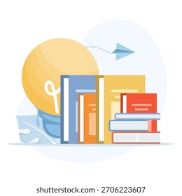 Eine Glühbirne steht auf einem Stapel von Büchern und symbolisiert Bildung, Lernen und kreatives Denken. Wissen inspiriert Ideen, Innovation und intellektuelles Wachstum in diesem illustrierten Konzept.