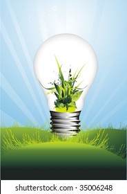 glowing light bulb in a spring meadow