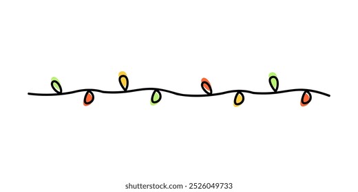 Borda da cadeia de caracteres da lâmpada brilhante. Festas de Natal, Natal, conceitos do festival. Desenhado à mão estilo decorativo vetor design ilustração isolada.