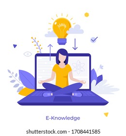 Glowing light bulb and woman sitting cross-legged on laptop computer and meditating. Concept of e-knowledge, distant learning, online courses, creative idea generation. Modern flat vector illustration