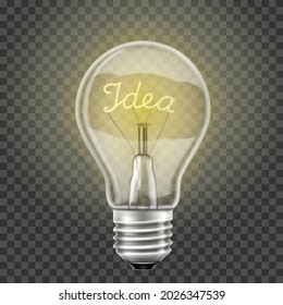 Glowing light bulb with the word idea , realistic 3D vector, isolated on a transparent background. Electricity.