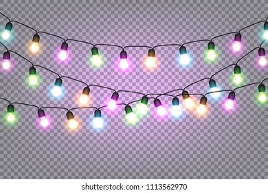 Glowing light bulbs Christmas and New Year realistic garlands isolated on transparent background Xmas decorations for festive design of postcards, banners, posters, websites Vector design elements