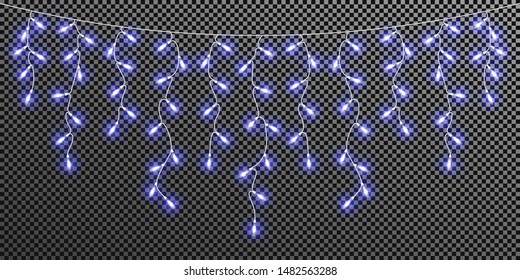 Glowing light bulbs, Christmas and New Year realistic royal blue garland curtain isolated on transparent background. Set Xmas decorations for festive design
