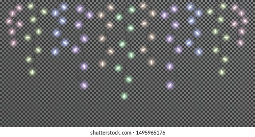Glowing light bulbs Christmas and New Year. Realistic retro garland isolated on transparent background. Xmas decorations for festive design of postcard, banner, poster, website. Vector design