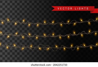 Glowing light bulbs Christmas and New Year realistic garlands. LED neon lights for design of Christmas holiday cards, postcards, banners, posters, web designs. Vector illustration, eps 10.