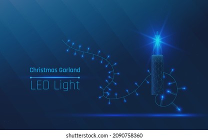 Glowing light bulbs for Christmas and New Year. Realistic garland on a blue background. Christmas decorations for festive design of postcard, banner, poster, website. Vector design. wireframe, plexus