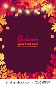 Glowing light bulbs with colorful autumn leaves vertical template. Maple, oak, mountain ash, rowan, hawthorn. Place for your text. Retro vector illustration. Poster, invitation, card, banner, flyer