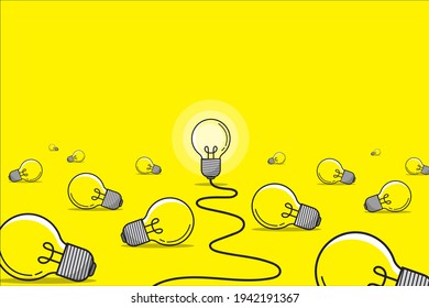 Glowing light bulbs and light bulbs concept of idea on yellow background. Vector Illustration.