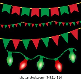 Glowing light bulbs and flag  garlands on dark background