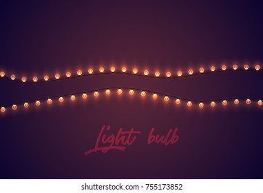 Glowing light bulbs header for christmas party background. Festive glow light bulb decoration garland.