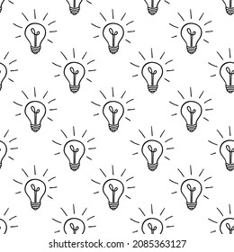 Bombillas brillantes de línea aislada vectores de línea de fondo sin problemas. Idea, signo, solución, concepto de pensamiento. Icono de la línea de la lámpara. Bombilla eléctrica iluminada con enchufe, electricidad, lámpara de brillo