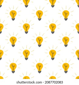 Glowing light bulbs isolated line icon vector seamless pattern. Idea sign, solution, thinking concept. Lamp line icon. Lighting electric bulb with socket, electricity, shine lamp