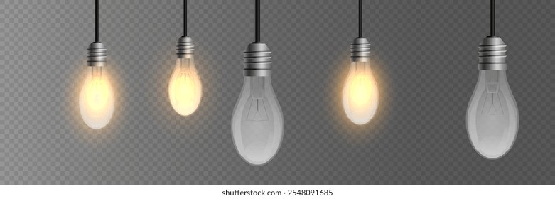 Bombillas brillantes, efecto de lámpara. Sobre un fondo transparente.