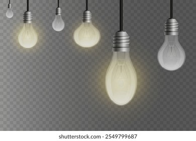 Lâmpadas brilhantes, lâmpada e efeito de luz. Em um fundo transparente.