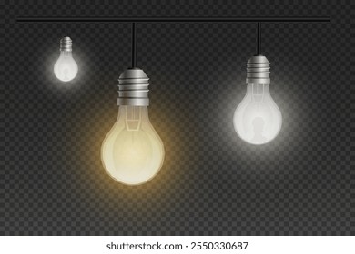 Glowing light bulbs, lamp and light effect. On a transparent background.