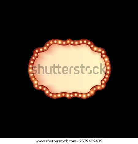 Glowing light bulbs on red frame. Vintage lamp border. Antique shape marquee billboard. Vector banner with backlight. Circus, cinema, casino retro illumination decoration isolated on black background