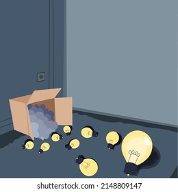Glowing light bulbs scattered floor represent out of box ideas. Many spare electric lights big carton room corner storage room. Mixed bright dim electrical lamp.