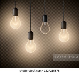 glowing light bulbs set of hanging lights on a transparent background