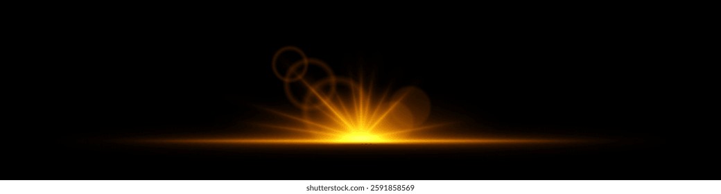 Glowing light burst on a dark background. Bright orange energy explosion with radiant beams and bokeh effects. Abstract illumination with dynamic flare and glowing particles