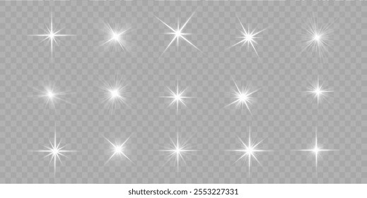 Glowing light burst and transparent back ground. Lights flare, star flash light, white sun rays, png. Sun flush with raos or spotlyght and boke. Lance flares network. 