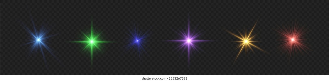 Glowing light burst and transparent back ground. Lights flare, star flash light, white sun rays, png. Sun flush with raos or spotlyght and boke. Lance flares network. 