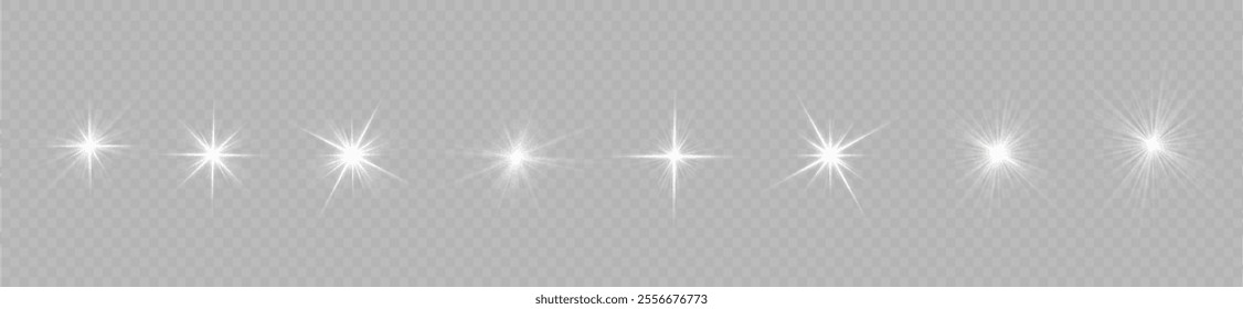 Glowing light burst and transparent back ground. Lights flare, star flash light, white sun rays, png. Sun flush with raos or spotlyght and boke. Lance flares network. 