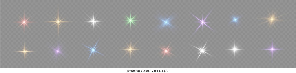 Glowing light burst and transparent back ground. Lights flare, star flash light, colors, sun rays, png. Sun flush with raos or spotlyght and boke. Lance flares network. 