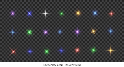 Glowing light burst and transparent back ground. Lights flare, star flash light, white sun rays, png. Sun flush with raos or spotlyght and boke. Lance flares network. 