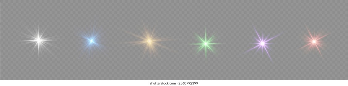 Glowing light burst and transparent back ground. Lights flare, star flash light, colors, sun rays, png. Sun flush with raos or spotlyght and boke. Lance flares network. 