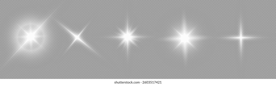 Glowing light bursts set with sparkles. Set of Glow light effect, explosion, glitter, bokeh, dust, line, lens flare, sun flash, spark, star. Abstract image lighting flare, stars. Vector illustration