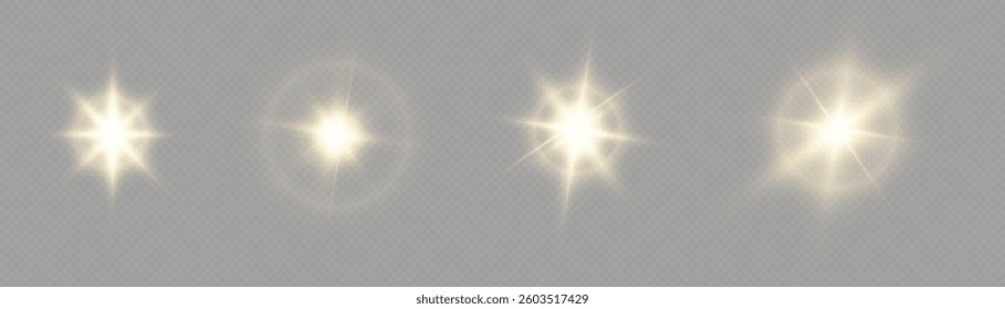 Glowing light bursts set with sparkles. Set of Glow light effect, explosion, glitter, bokeh, dust, line, lens flare, sun flash, spark, star. Abstract image lighting flare, stars. Vector illustration