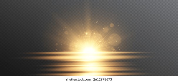Glowing light bursts with sparkles and glitter. Sun flash, lens flare, explosion, and star effects on transparent background. Abstract bright flare and glowing rays. Vector illustration.