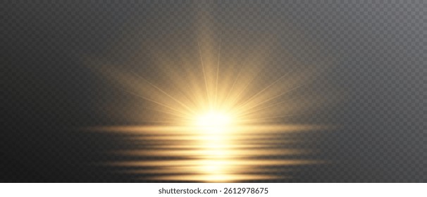 Glowing light bursts with sparkles and glitter. Sun flash, lens flare, explosion, and star effects on transparent background. Abstract bright flare and glowing rays. Vector illustration.
