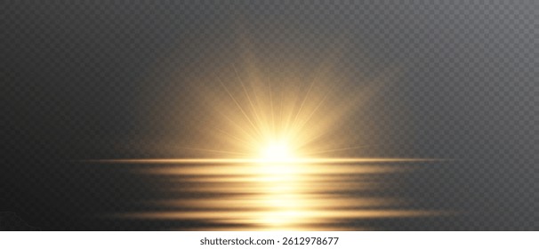 Glowing light bursts with sparkles and glitter. Sun flash, lens flare, explosion, and star effects on transparent background. Abstract bright flare and glowing rays. Vector illustration.